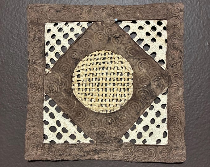 Handmade 8” x 8” Amate Bark Paper Wall Art: Braided Detail, Natural Tones