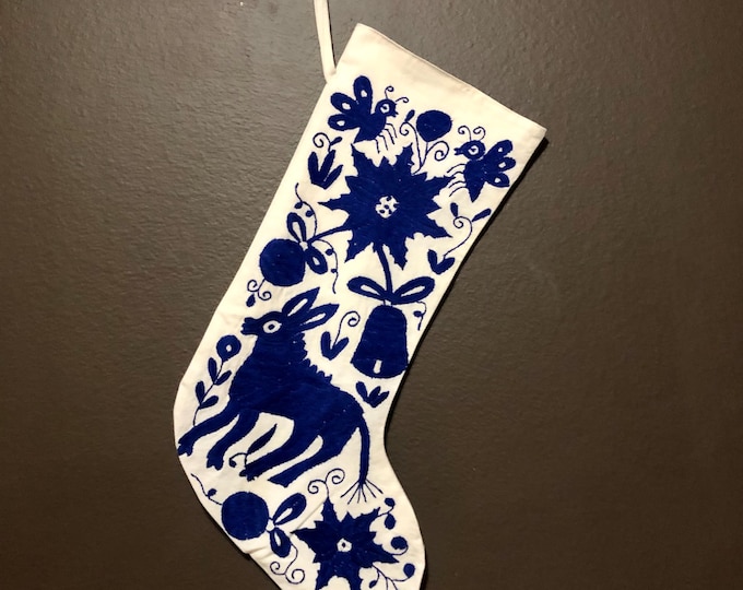 Hand Embroidered (Off White Cotton) Otomi Large Christmas Stocking with Indigo Blue Embroidery from Hidalgo, Mexico