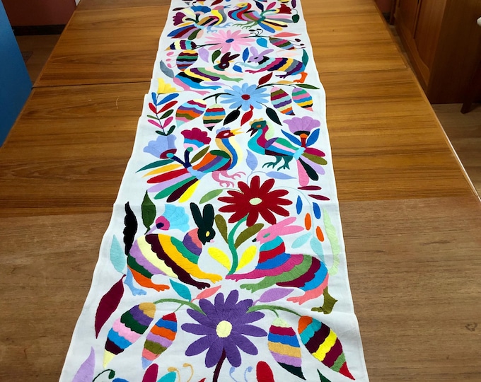 Otomi Hand Embroidered Table Runner / Bed Scarf /  Frame-able Art with Multi-color Embroidery (approx. 74” x 17”)