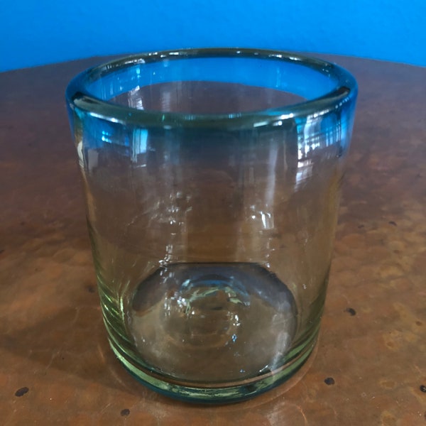 Hand Blown Short Tumbler Lowball Glass (10oz) - Turquoise Rim