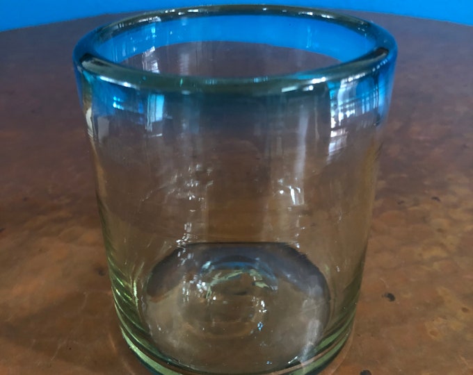 Hand Blown Short Tumbler Lowball Glass (10oz) - Turquoise Rim