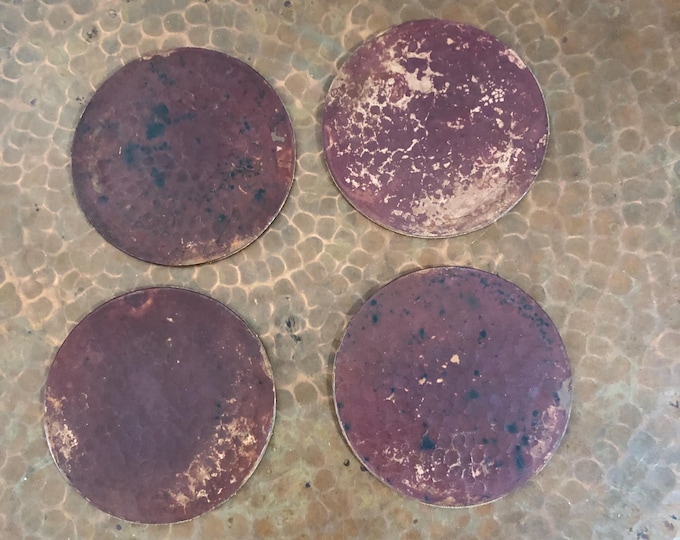 Set of 4 Hammered Copper Coasters with fire red patina and cork backing