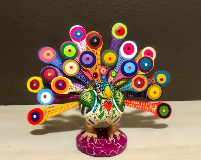 Alebrije Peacock Handcrafted Wood Carving by Zeny Fuentes and Reyna Piña from Oaxaca, Mexico.