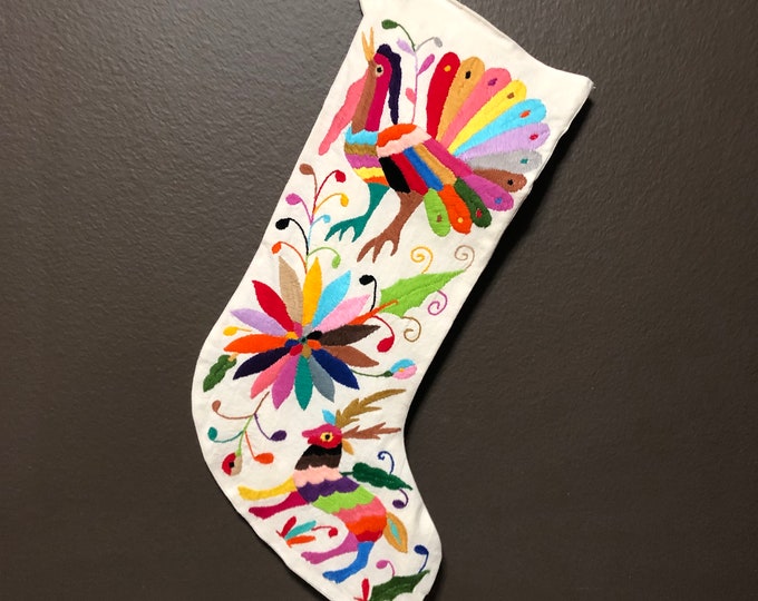 Hand Embroidered Otomi Large Christmas Stocking with Multicolor Embroidery from Hidalgo, Mexico (Off-White Cotton)