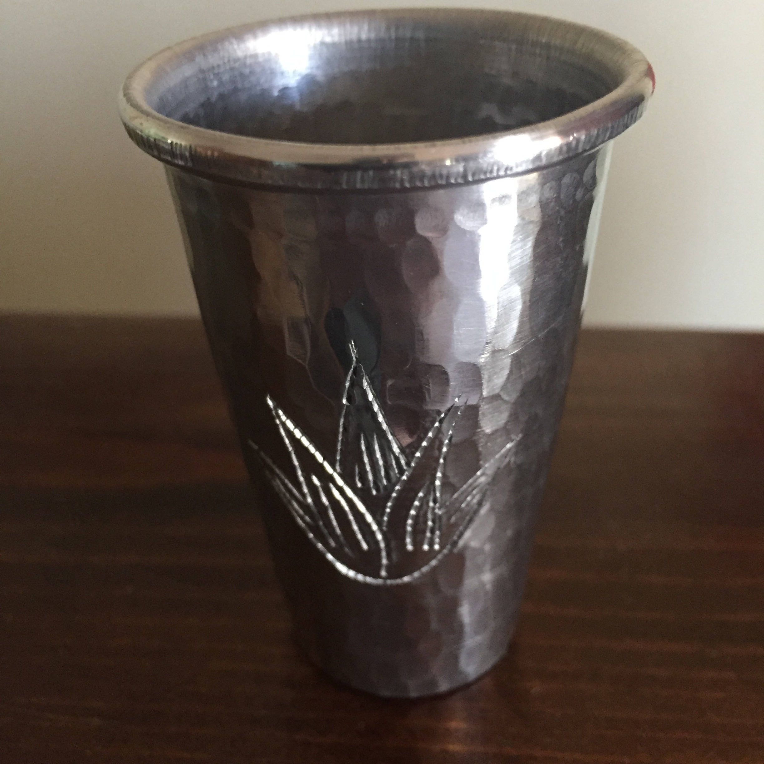 Handcrafted 2oz hammered aluminum shot glass with Agave plant engraving