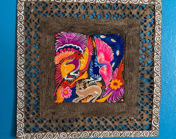 Amate Bark Paper Wall Art with woven border and colorful animal design (15 3/4” x 15 3/4”)