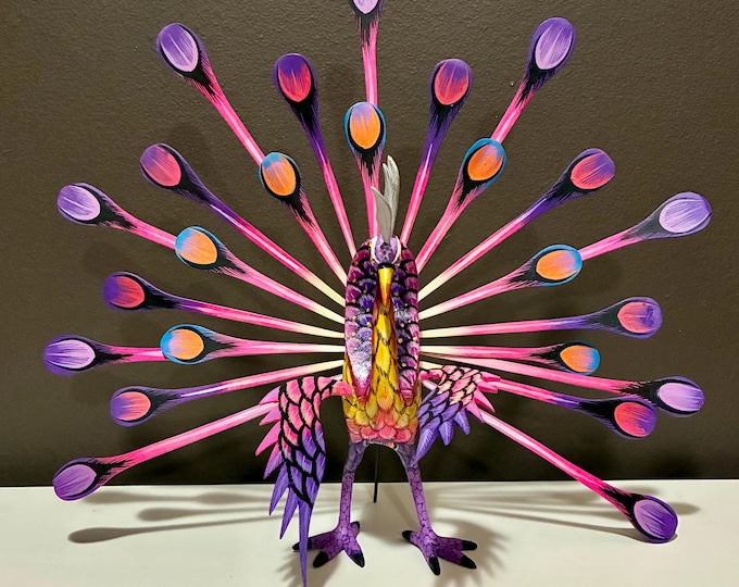 Alebrije Large Peacock Handcrafted Wood Carving by Esperanza Martinez from Oaxaca, Mexico.