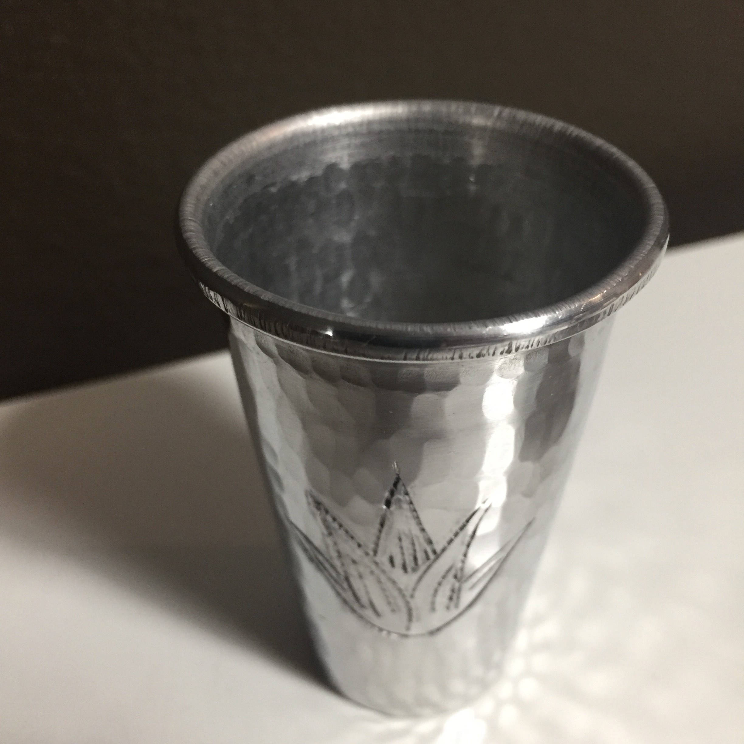 Handcrafted 2oz hammered aluminum shot glass with Agave plant engraving