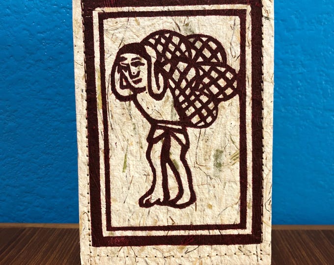Handmade Small Paper Journal / Notebook with Linocut Print Cornhusk Paper Covers and Eucalyptus Journal Paper (80 pages)