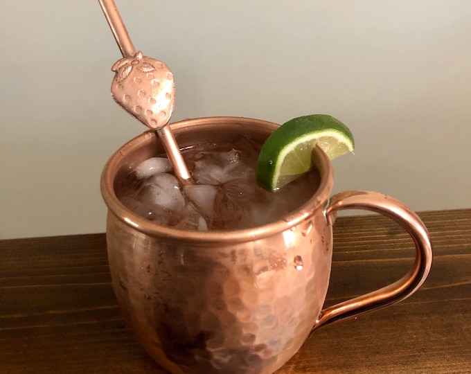 Pure copper cocktail swizzle stick / straw /drink stirrer with hand engraved Strawberry (7 1/2")