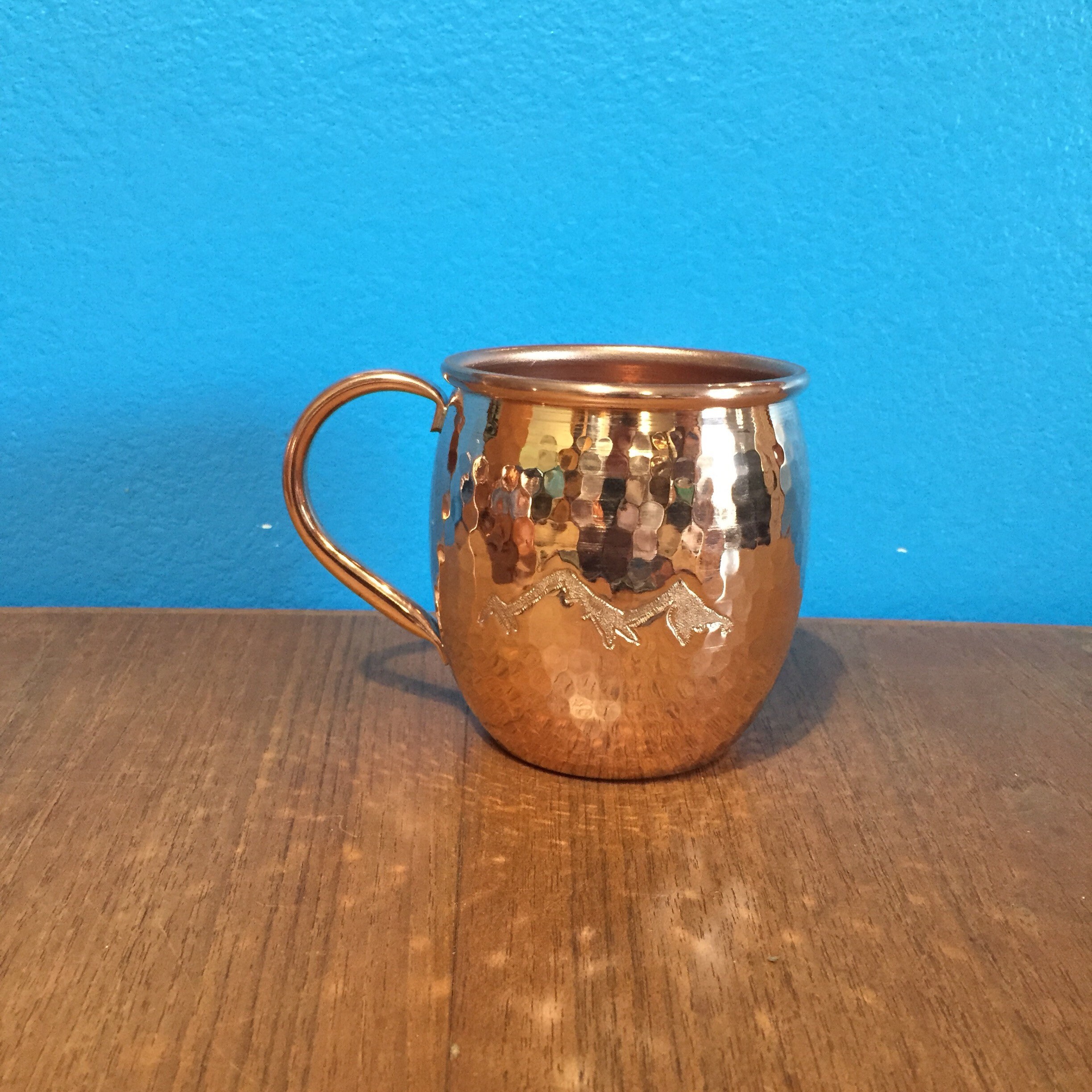 16oz Moscow Mule Hammered Copper Barrel Mug with mountains engraving
