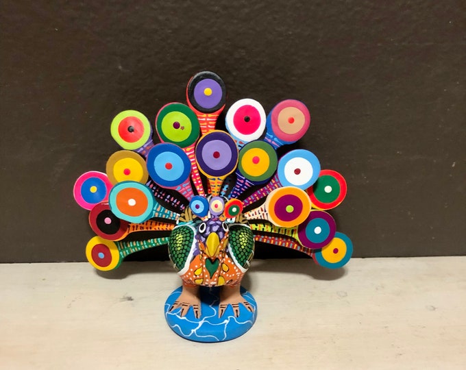 Alebrije Peacock Handcrafted Wood Carving by Zeny Fuentes and Reyna Piña from Oaxaca, Mexico.