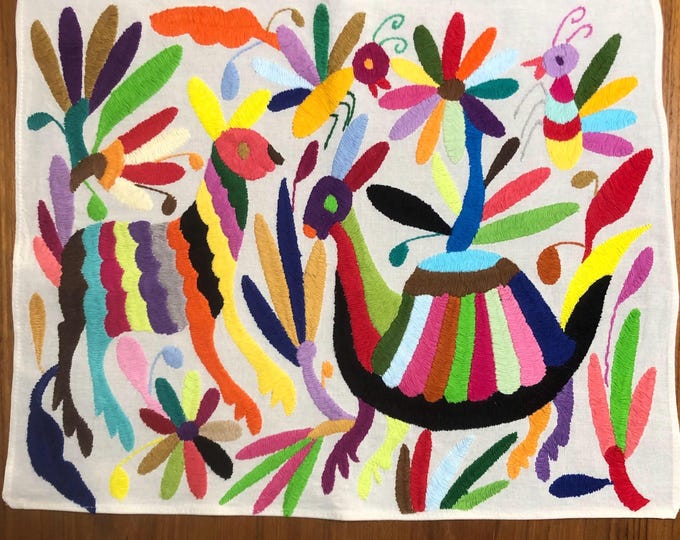 Hand Embroidered Otomi Placemat: Mexican Folk Art (17" x 13") - Multicolor Embroidery