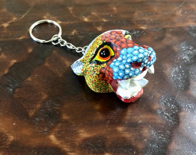 Alebrije Alebrije Jaguar Head Keychain  Handcrafted Wood Carving by Esperanza Martinez from Oaxaca, Mexico.