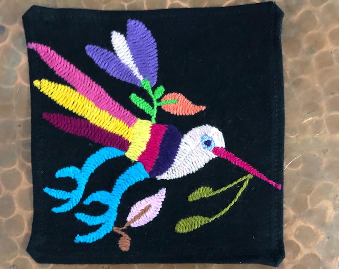 Otomi hand embroidered muslin coaster/cocktail napkin/frame-able art with multicolor bird design approx.  (4.5” x 4.5”)