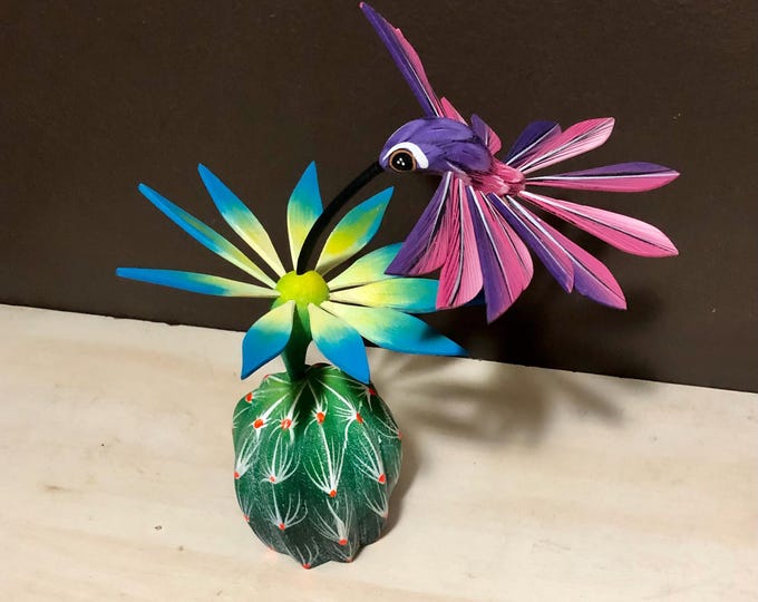 Handcrafted Alebrije Flowering Cactus with Hummingbird Woodcarving from Oaxaca, Mexico