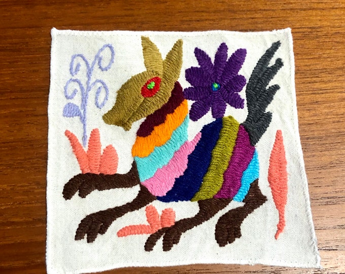 Otomi hand embroidered muslin coaster/cocktail napkin/frame-able art with multicolor spirit animal and flower design approx.  (5” x 5”)