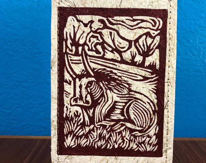 Handmade Small Paper Journal / Notebook with Linocut Print Cornhusk Paper Covers and Eucalyptus Journal Paper (80 pages)