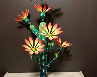 Handcrafted Alebrije Flowering Cactus with Hummingbird Woodcarving from Oaxaca, Mexico