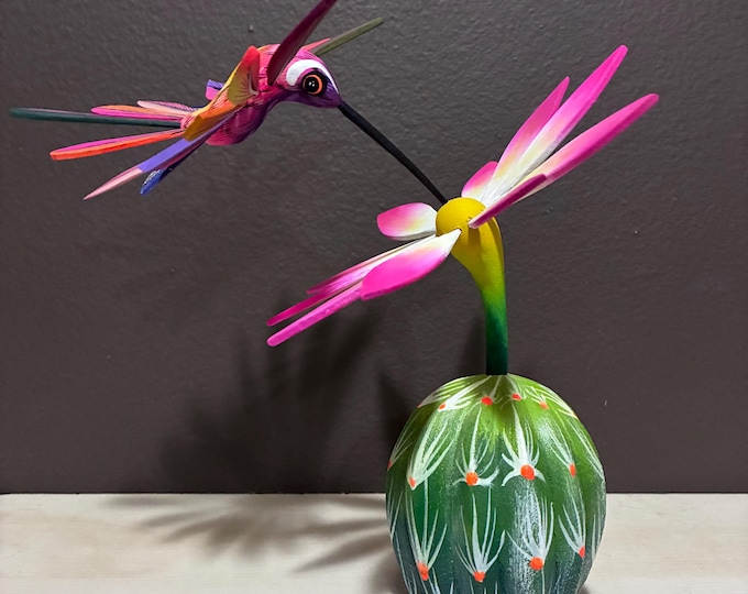 Handcrafted Alebrije Flowering Cactus with Hummingbird Woodcarving from Oaxaca, Mexico