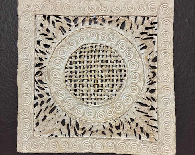 Handmade 8” x 8” Amate Bark Paper Wall Art: Braided Detail, Natural Tones