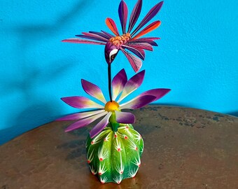 Handcrafted Alebrije Flowering Cactus With Hummingbird Woodcarving