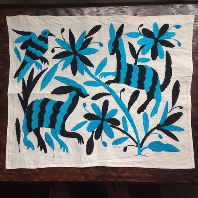Turquoise and Black approx. 17 x 13 Hand embroidered Otom\u00ed placemat frame-able art