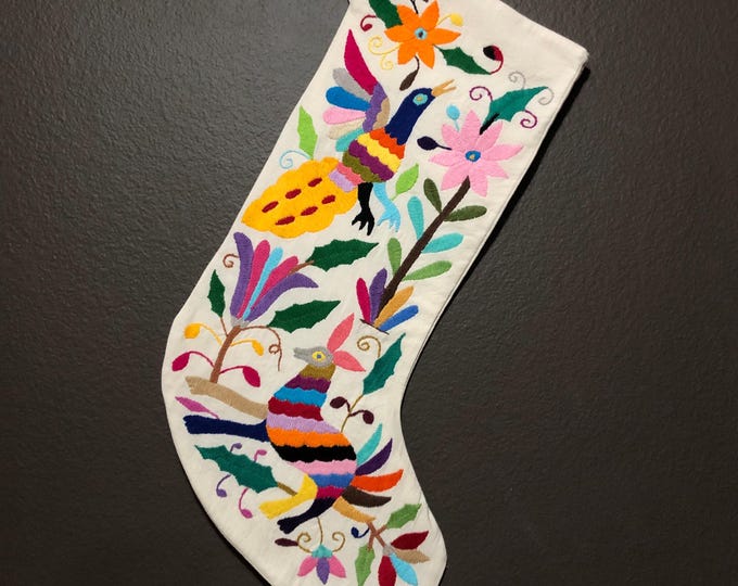 Hand Embroidered Otomi Christmas Stocking: Multicolor Embroidery Animals and Flowers