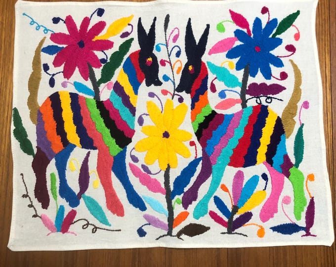 Hand Embroidered Otomi Placemat: Mexican Folk Art (17" x 13") - Multicolor