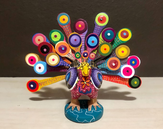 Alebrije Peacock Handcrafted Wood Carving by Zeny Fuentes and Reyna Piña from Oaxaca, Mexico.