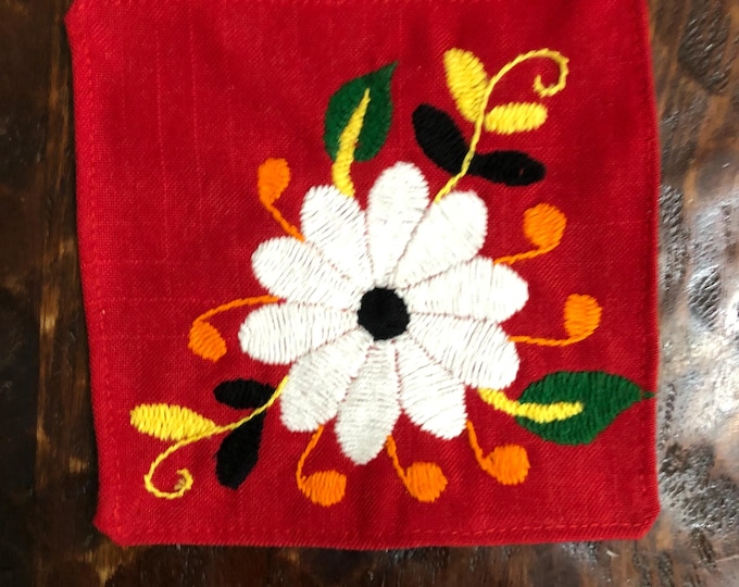 Otomi hand embroidered muslin coaster/cocktail napkin/frame-able art with multicolor flower design approx.  (4.5” x 4.5”)