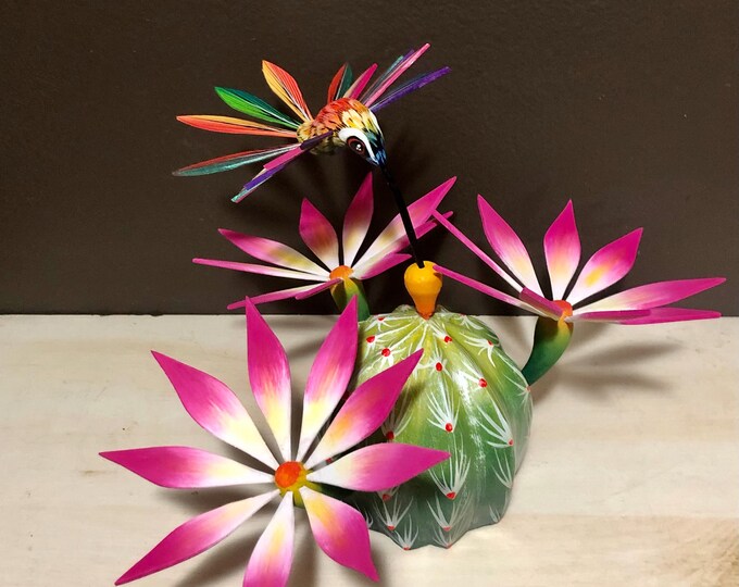 Handcrafted Alebrije Flowering Cactus with Hummingbird Woodcarving from Oaxaca, Mexico