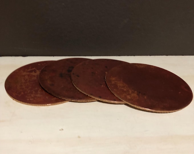 Set of 4 Hammered Copper Coasters with fire red patina and cork backing