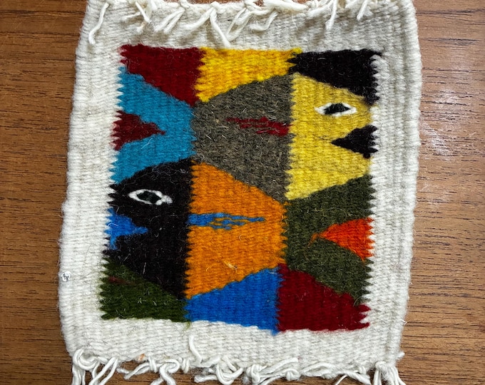 Zapotec hand woven merino wool coaster with geometric fish (5” x 5.25”)