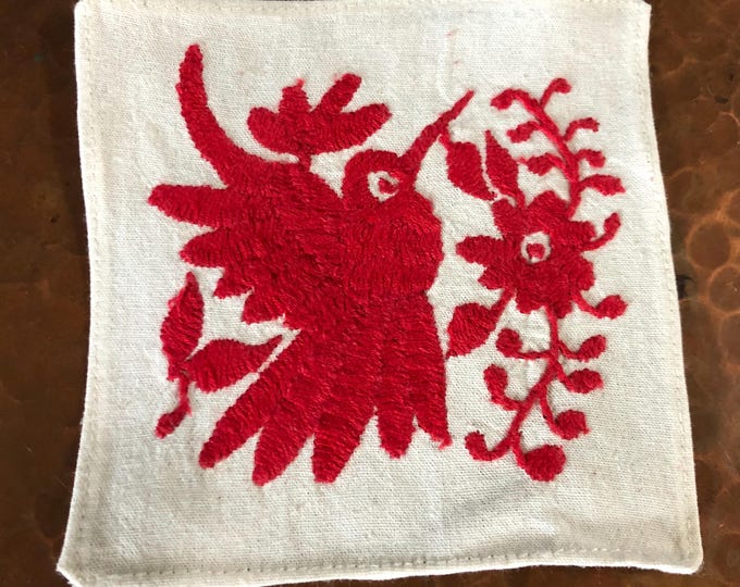 Otomi hand embroidered muslin coaster / cocktail napkin / frame-able art with red bird and flowers.