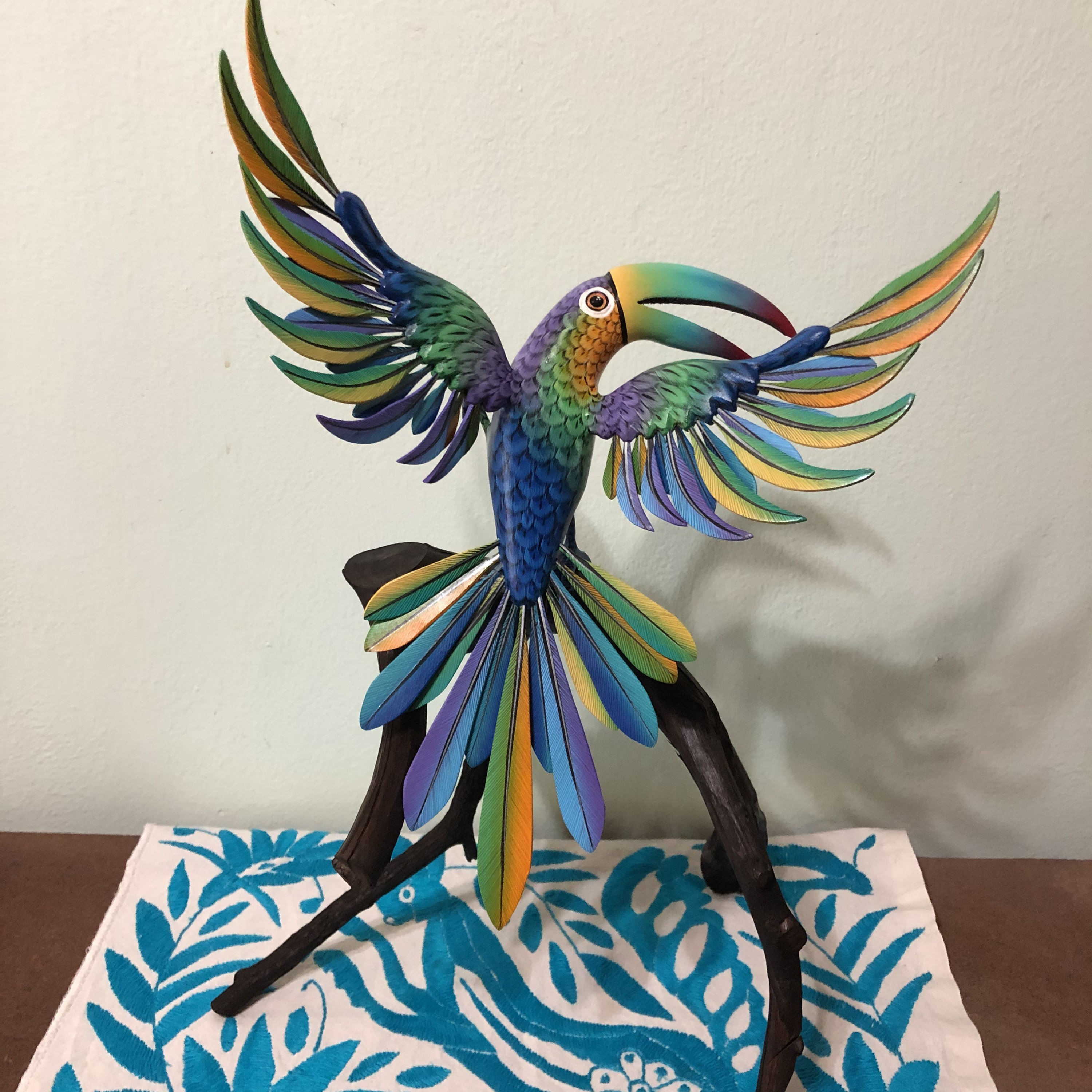 Large Alebrije Blue Exotic Toucan with Log Base Wood Carving by
