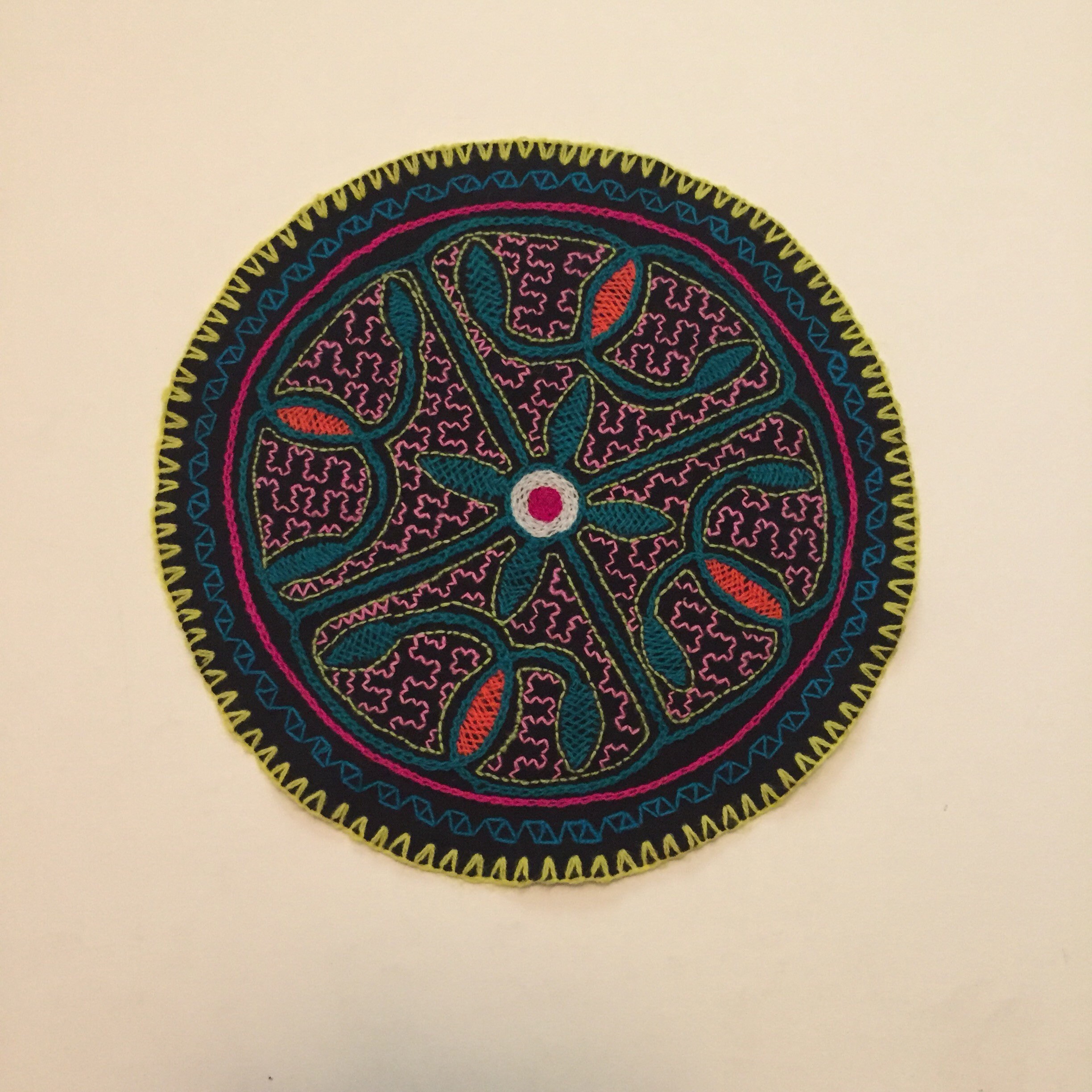 Peruvian hand embroidered round table coaster (8 diameter)