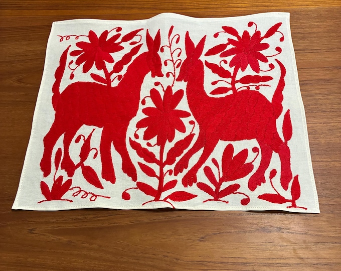 Hand Embroidered Otomi Placemat: Red Mexican Folk Art