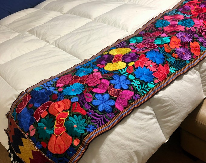 Hand Woven Bed Scarf / Table Runner / Wall Art with Multi-color Embroidery (approx. 90" x 17")