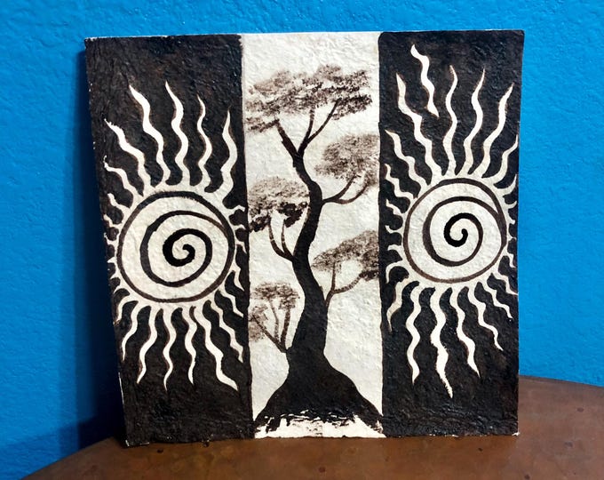 Handmade Amate Paper Wall Art with Tree and Suns with spirals from Mexico