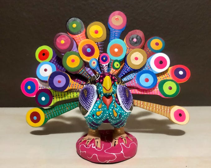 Alebrije Peacock Handcrafted Wood Carving by Zeny Fuentes and Reyna Piña from Oaxaca, Mexico.