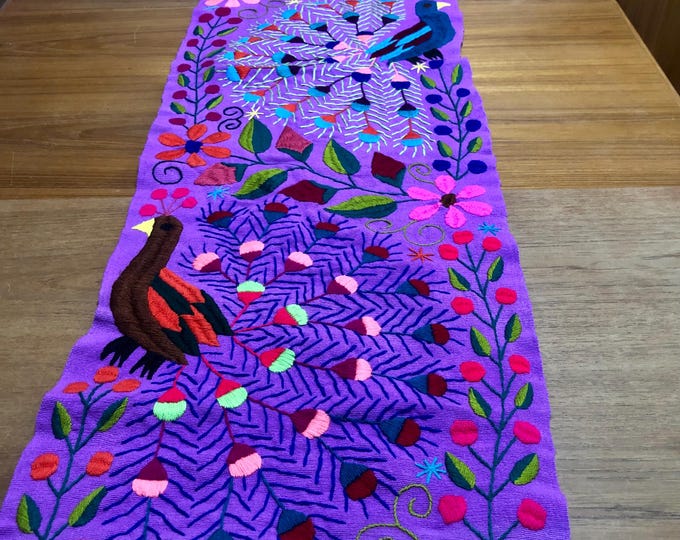 Hand Embroidered Table Runner - Purple Base with Multicolored Peacocks and Flowers