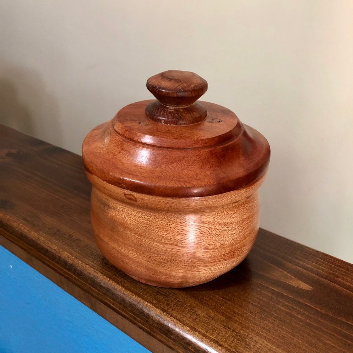 Hand carved wood serving bowl with lid made of Guamuchil wood from Mexico