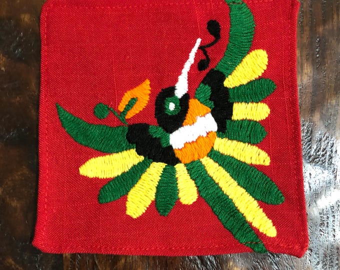 Otomi hand embroidered muslin coaster/cocktail napkin/frame-able art with multicolor bird design approx.  (4.5” x 4.5”)