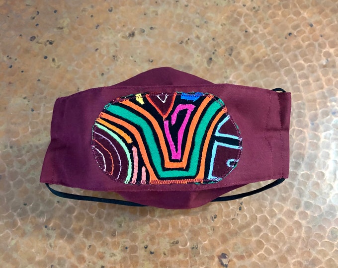 Colombian Face Mask with Traditional Kuna Mola Art Design - burgundy.