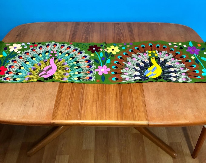 Hand Embroidered Table Runner - Green Base with Multicolored Peacocks and Flowers