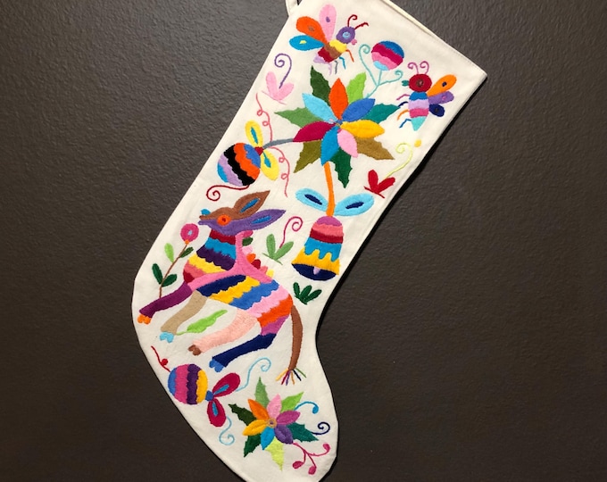 Hand Embroidered Otomi Large Christmas Stocking with Multicolor Embroidery from Hidalgo, Mexico (Off-White Cotton)