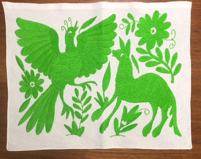 Hand Embroidered Otomi Placemat: Mexican Folk Art (17" x 13") - Lime Green