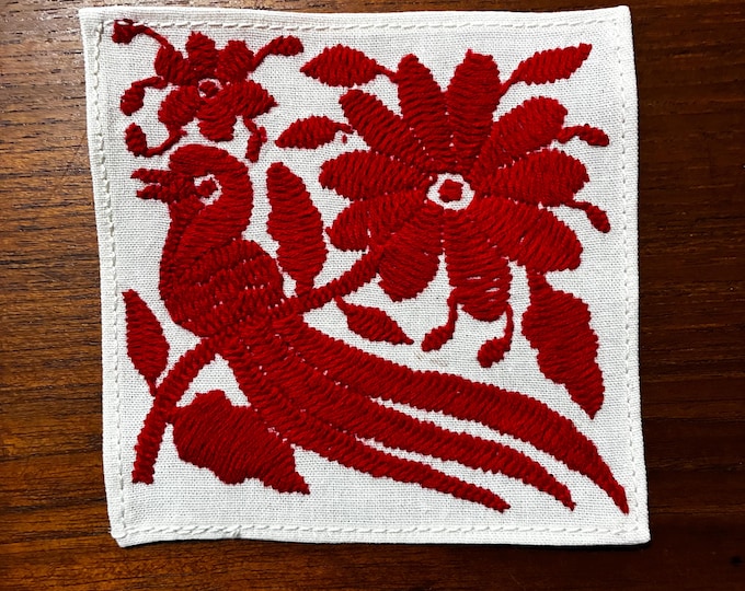 Otomi hand embroidered muslin cotton coaster / cocktail napkin / frame-able art with red bird and flowers. (4 1/4” x 4 1/4”)