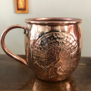 16oz Moscow Mule Hammered Copper Barrel Mug with Colorado C and mountains logo